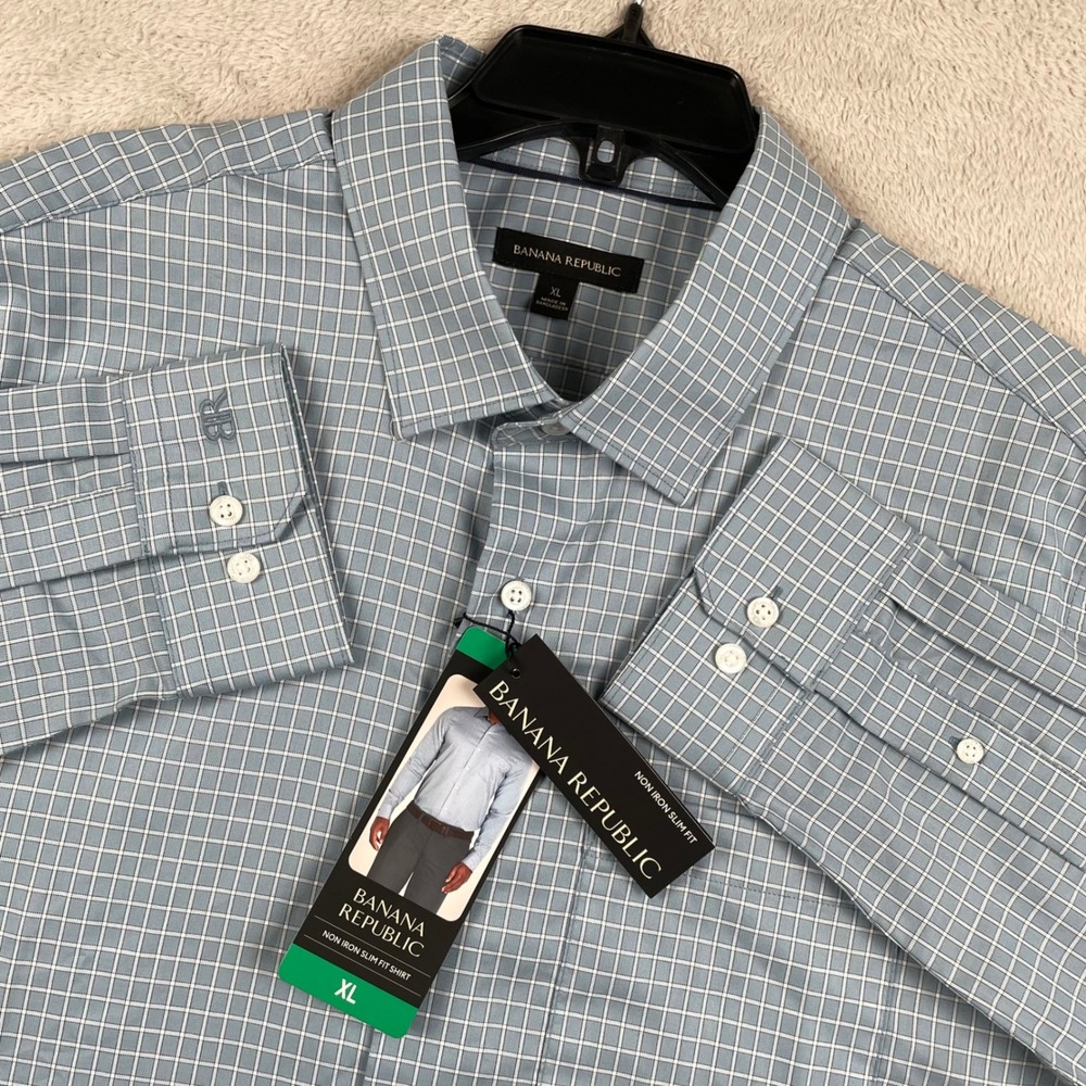 New Banana Republic Button Up Shirt Men XL Slim Fit Blue Plaid Check Non Iron